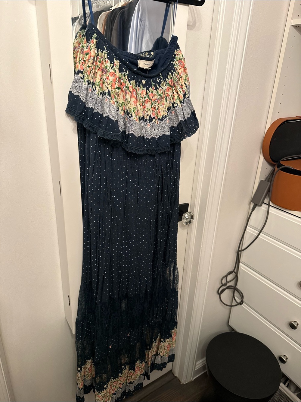 Freeway Navy Floral Off-Shoulder Maxi Dress with Polka Dot Skirt